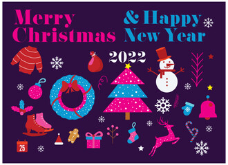In purple color background with Christmas vector modern icon and illustration element. ornament with Santa cap, reindeer, gift, tree, snowflake, sock, snowman. celebration greeting card.