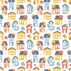 Fototapeta na wymiar vector seamless pattern with houses and flowers.