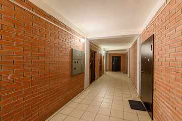 Russia, Moscow- May 06, 2020: interior public place, house entrance. doors, walls, staircase corridors