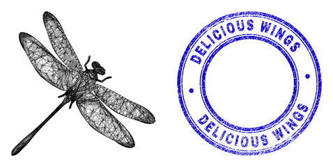 Wire frame irregular mesh dragonfly icon, and Delicious Wings scratched round stamp. Abstract lines form dragonfly object. Blue stamp seal contains Delicious Wings title inside circle form.