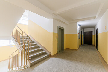 Russia, Moscow- May 06, 2020: interior public place, house entrance. doors, walls, staircase corridors