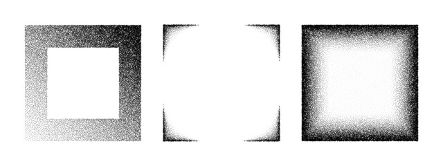 Frames grain pattern vector background. Black noise stipple dots squares. Sand grain effect. Dots grunge banner. Abstract noise square pattern. Stipple circles texture. Dotted frame vector