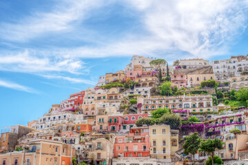 Fototapeta na wymiar View of the village of Positano along the Amalfi Coast in Italy, with its characteristic colorful houses
