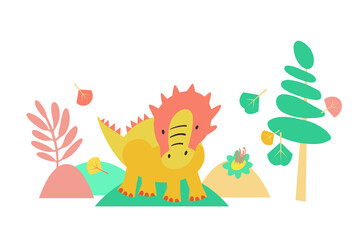 Cute dinosaur hand drawn vector color character. Sketch prehistoric animal. Jurassic isolated Scandinavian cartoon kids illustration. 