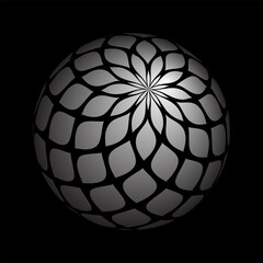 3D spherical shape with abstract geometric pattern.