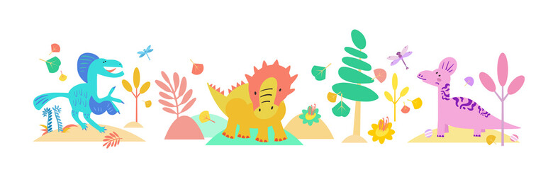 Cute set dinosaurs hand drawn vector color characters. Dino flat banner. Sketch prehistoric animals. Jurassic reptiles isolated doodle drawing. Scandinavian cartoon kids illustrations.  © AngArt