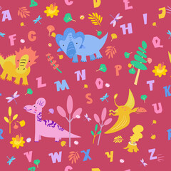 Cute dinosaurs in Jurassic forest. Seamless pattern. Alphabet hand drawn font on fabric. Scandinavian cartoon characters. Color vector image.