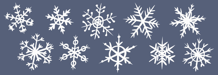 Set of white snowflakes on a dark gray background. Collection of various hand-drawn doodle style snowflakes. Symbol of winter snow. Elements for Christmas winter design. Vector.