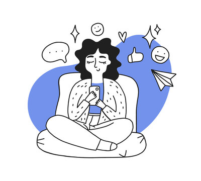 Young woman use smartphone and surfing in social media. Girl chatting, watching video, liking photos, make video, call in mobile app. Hand drawn cartoon vector illustration doodle style.