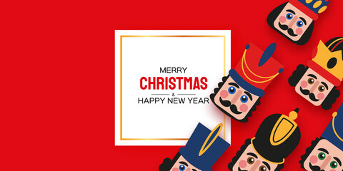 Christmas Nutcracker in paper cut style. Cute soldier toy. December Ballet party. Creative Merry Xmas invitation. Happy New Year. Winter holidays. Space for text.