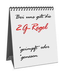 2G-Regel als Text auf einem Tischkalender, 3D-Illustration
