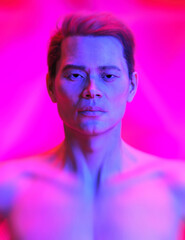 Shirtless athletic asian man in blue and pink coloured light. Studio portrait. 3D rendering.