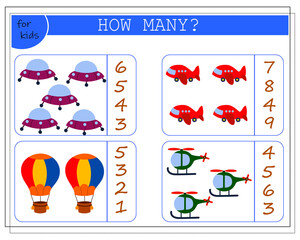 Children's math game, count how many of them. children's toys, helicopter, airplane, balloon, rocket. vector