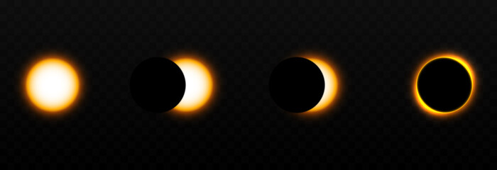 Vector solar eclipse. Different phases of solar eclipse png, set of vector eclipse, lunar eclipse. - obrazy, fototapety, plakaty