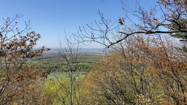 Gault Nature Reserve, scenic look over green pastures through brown leaves at