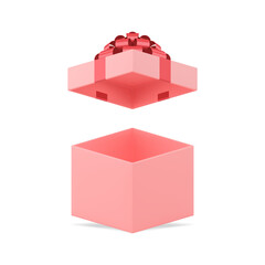 Feminine pink birthday open squared gift box with red bow ribbon realistic 3d template vector