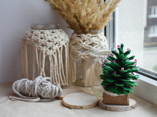 macrame jars on the window cones holiday new year