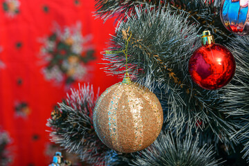 Tinsel, New Year tree decorations on the Christmas tree.