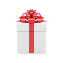 Elegant white wrapped present package decorated by bright metallic red ribbon 3d isometric vector