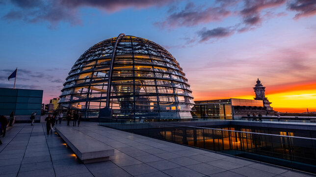 Berlin, Germany - 19 September 2020: Glass dome of Reichstag at sunset