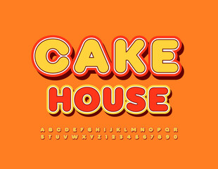 Vector colrful Emblem Cake House. Bright Creative Font. Modern Alphabet Letters and Numbers set