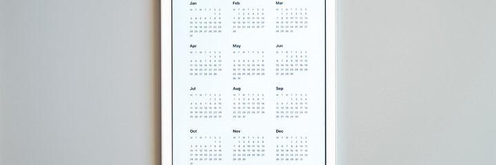 tablet computer with an open app of calendar for unspecified unknown date year without date on a gray background. concept business or to do list goals with technology using. top view, flat lay. banner