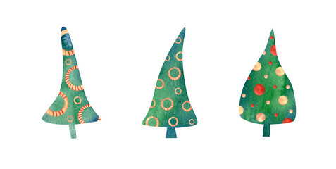 Watercolor christmas trees with decorations collection. Simple christmas tree set for holidays decorations, souvenirs design, postcards