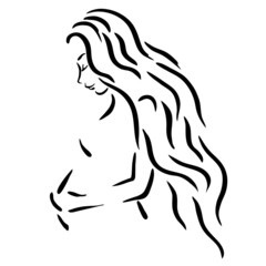 Profile portrait of pregnant girl with beautiful long wavy hair strokes her belly with hand. Beautiful woman in black line style art isolated on white background. Vector illustration.