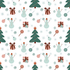 Winter pattern vector. Christmas tree, snowman, gifts.