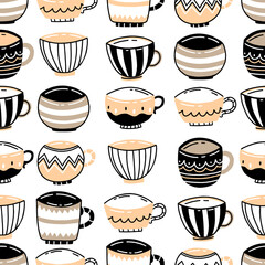 Seamless pattern with black-white-yellow ceramic cups in a cute doodle style on a white background. Vector illustration background.