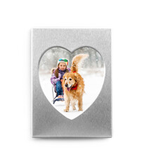 Funny winter photo in silver heart shaped frame isolated on white background