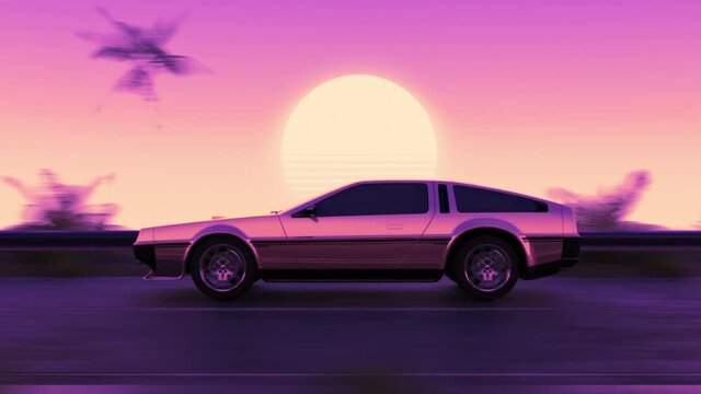 Car driving along highway. Palms, country road, tropical coast fast drive. Sunset sun on background. Retro wave, synthwave, vaporwave 80s, 90s style clip. Summer mood. Seamless loop 3D Render 4K