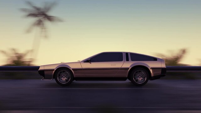 Car driving along highway. Palm alley, country road, tropical coast fast drive, trip. Warm colors. Retro futuristic car concept. Aerial view. Seamless loop realistic 3D Render 4K animation