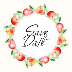 Frame from watercolor apples on a beige background. Save the date. Red watercolor apples