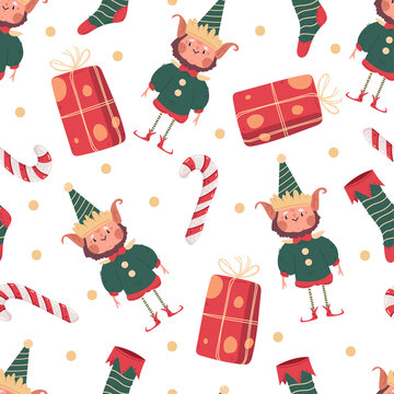 Christmas vector cartoon seamless pattern with elf, gift box and candy cane.
