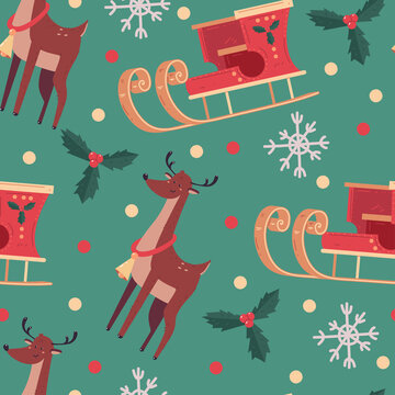 Christmas vector cartoon seamless pattern background with reindeer, sleigh, holly berries and snowflake for wallpaper, wrapping, packing, and backdrop.