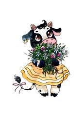 Watercolor cliparts. Cute cows, cartoon characters, different seasons.