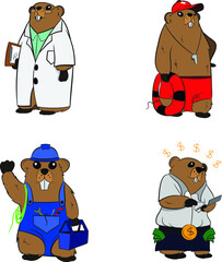 Anthropomorphized Groundhog character dressed as a Doctor Lifeguard Handyman and Accountant. Groundhog Set of four Characters.