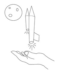 illustration of rocket on hand line art