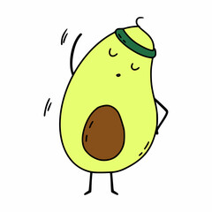 Cute avocado doing exercises. Vector illustration in doodle style. Gymnastics and yoga.