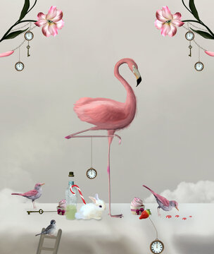 Pink Flamingo upon a table along with a lovely sparrow and a white bunny