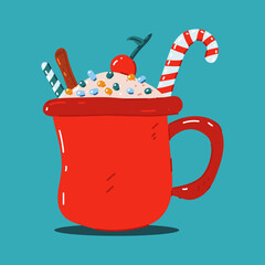 Hot chocolate in red mug vector Christmas drink cartoon illustration isolated on background.