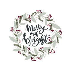 Fototapeta na wymiar Christmas lettering with hand-drawn wreath. Holidays illustration for postcards for decorations, ornaments, and other design purposes. Merry Christmas hand brush lettering card