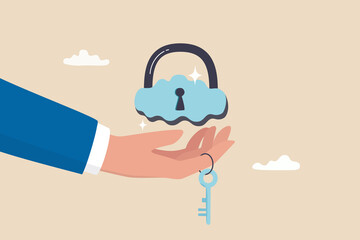 Cloud security system to protect information for remote work, secure shield technology fore safety access online company server, businessman hand holding floating cloud padlock with security key.