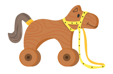 Wooden horse on wheels. Cartoon toy for kids