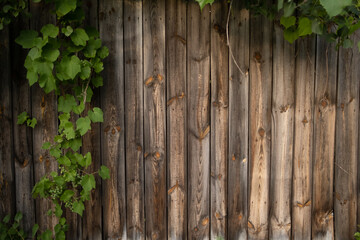 Wood texture natural background with grape leaves and berries. Dark brown scratched wooden cutting...