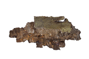 A fragment of an artillery shell close-up on a white background. A striking element of the weapon.