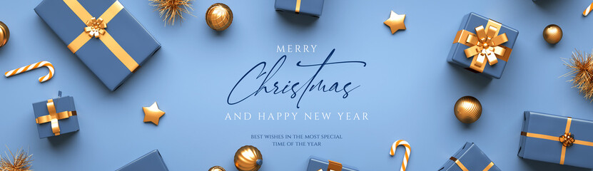 Merry Christmas web header banner with gifts, balls and text on a blue background. Xmas and happy new year type for flat lay card design in 3D illustration