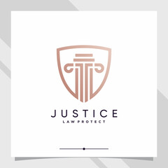 Justice law and shield logo design template with line art style