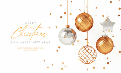 Merry Xmas and happy new year white background with golden hanging balls and text. Christmas elegant banner or flyer in 3D illustration